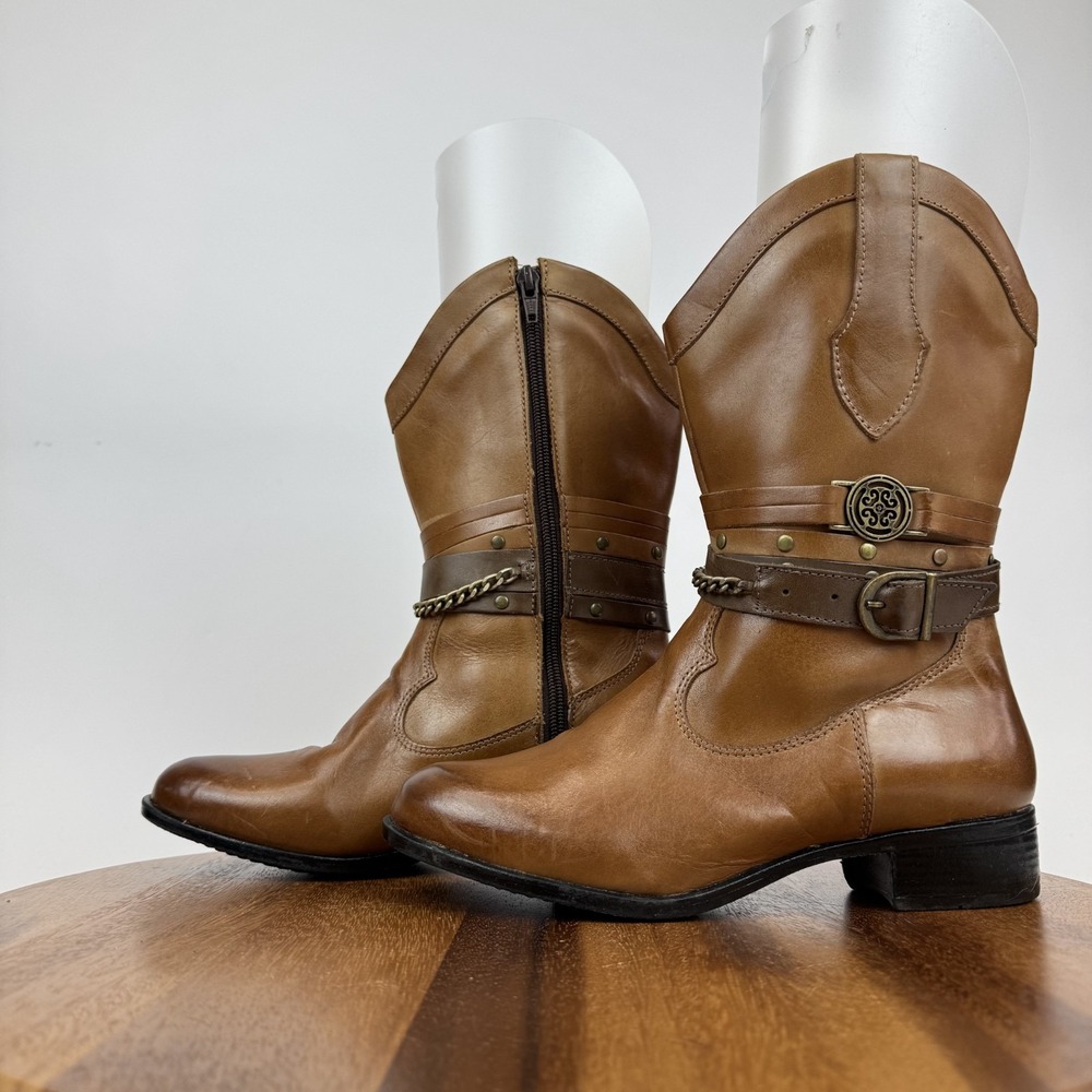 New Womens Sandro Moscoloni Robin Belted Brown Leather Cowboy Boots‎ Size 7 M - Picture 2 of 9